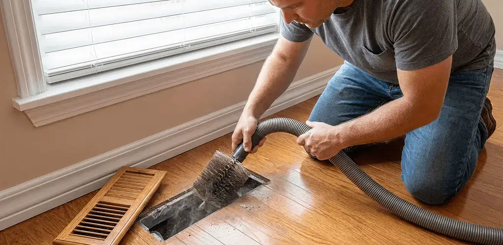 Air duct cleaning technician vacuuming a floor vent and duct opening in Fort Worth, TX
