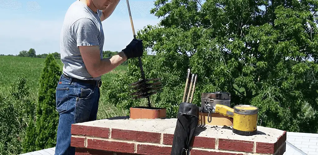 Chimney cleaning technician working on a rooftop chimney with professional tools in Fort Worth, TX