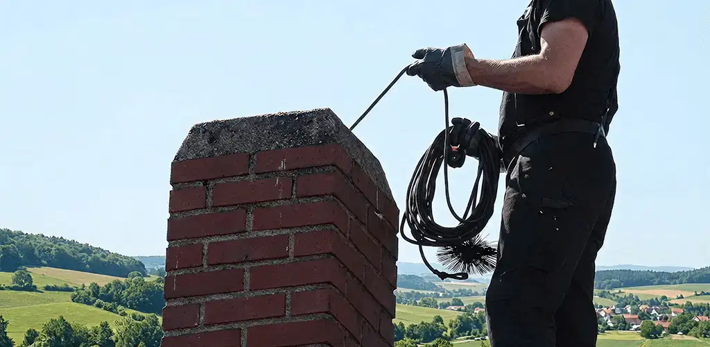Chimney sweep inspecting and cleaning a rooftop chimney in Fort Worth, TX