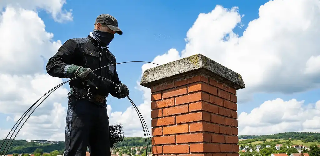 Chimney sweep cleaning a brick chimney with professional tools in Fort Worth, TX