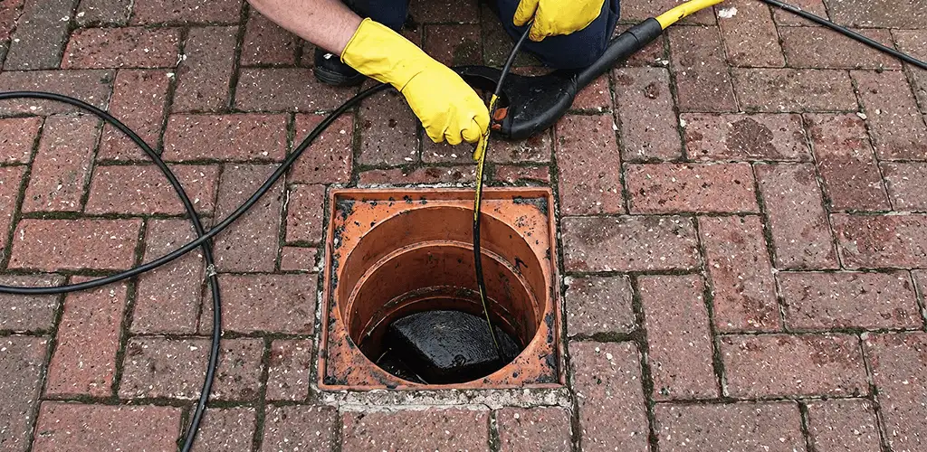 Drain cleaning technician using a drain snake to clear a clogged drain in Fort Worth, TX