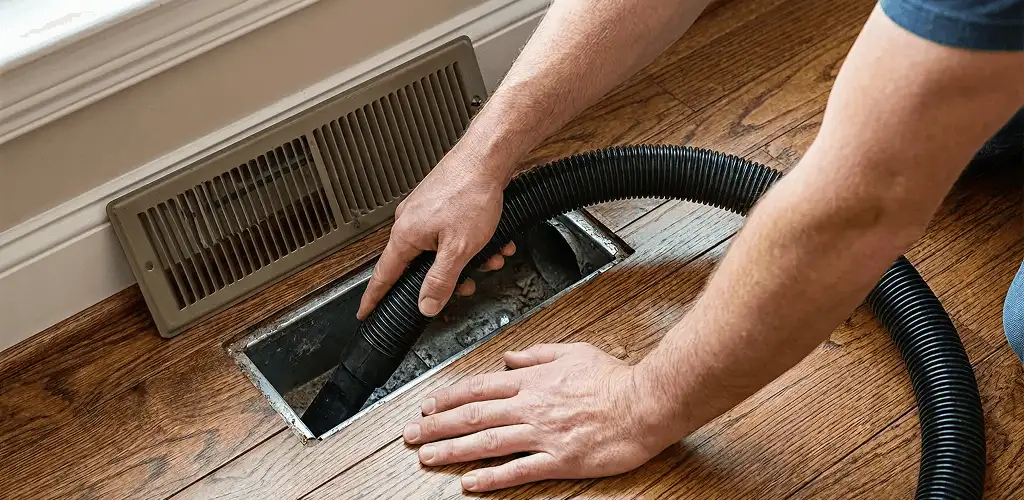 Air duct cleaning technician vacuuming a floor register and duct opening in Fort Worth, TX