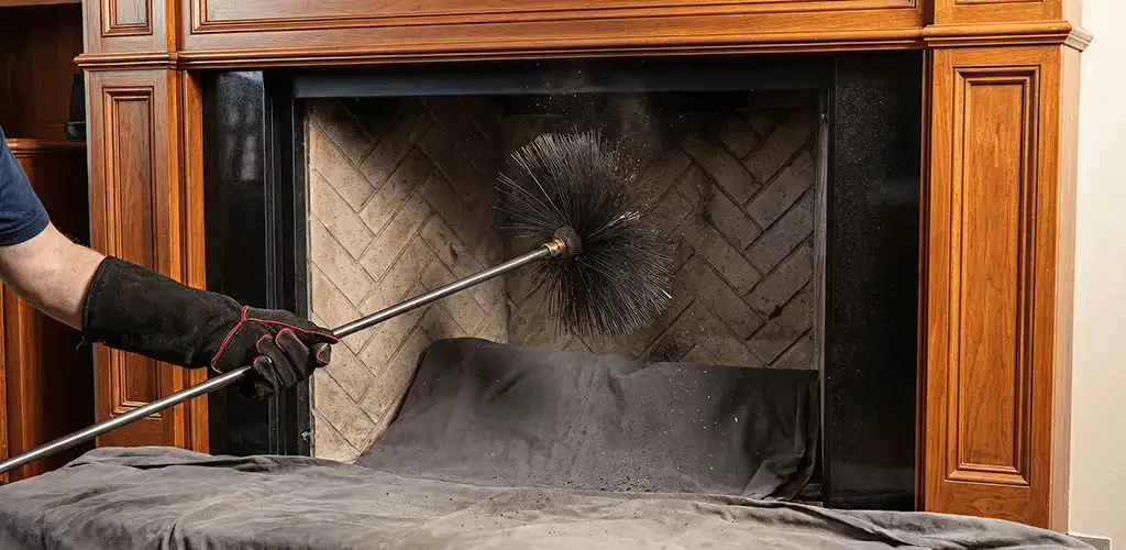 Chimney cleaning service brushing soot from a fireplace and flue in Fort Worth, TX