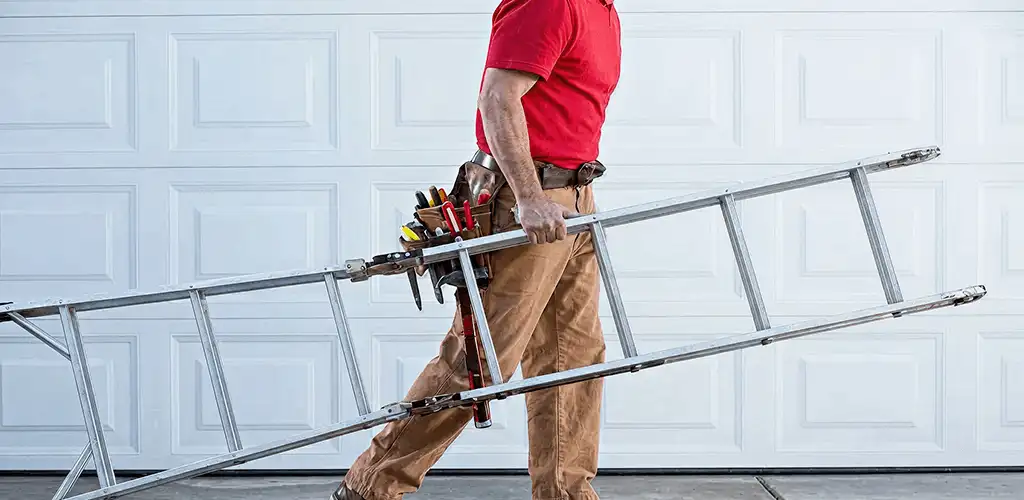 Garage door repair technician arriving with tools and ladder in Fort Worth, TX
