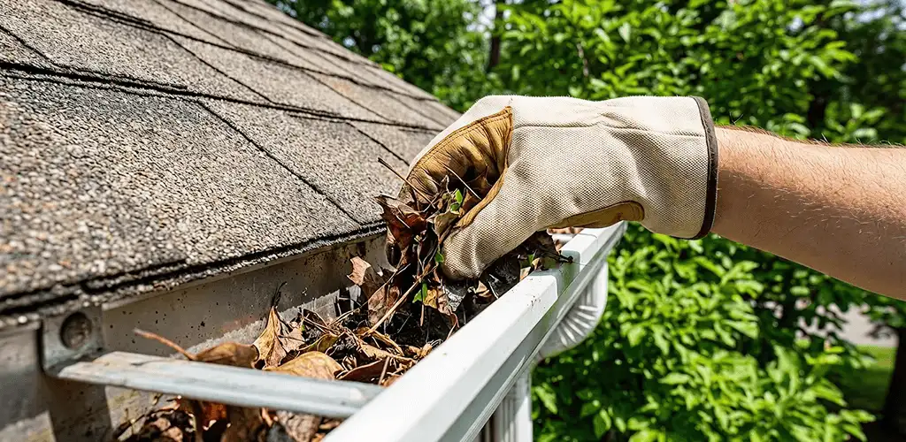Gutter cleaning removing leaves and debris from roof gutters in Fort Worth, TX