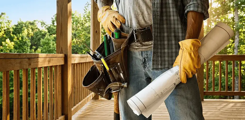 Professional handyman with tool belt ready for home repairs in Fort Worth, TX