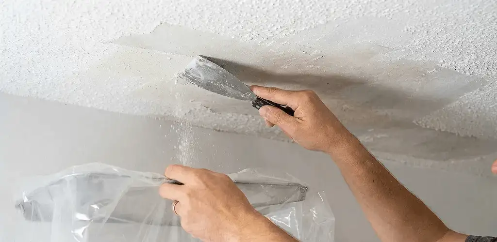 Popcorn ceiling removal technician scraping texture from a ceiling in Fort Worth, TX