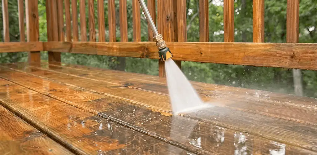 Pressure washing a wood deck to remove dirt and buildup in Fort Worth, TX