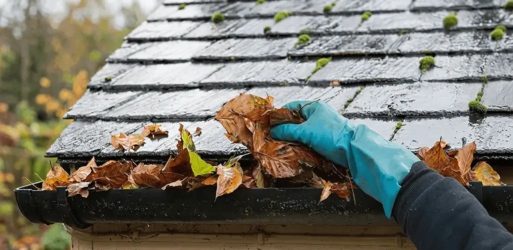 Gutter cleaning technician clearing wet leaves from roof gutters in Fort Worth, TX