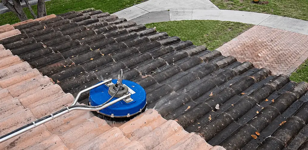 Roof pressure cleaning removing debris and buildup from roof tiles in Fort Worth, TX