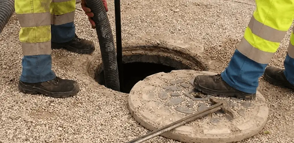 Drain cleaning crew clearing a sewer access point with professional equipment in Fort Worth, TX