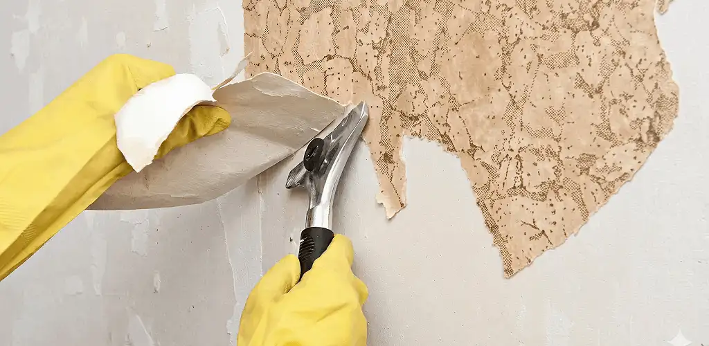 Wallpaper removal service stripping old wallpaper from a wall in Fort Worth, TX