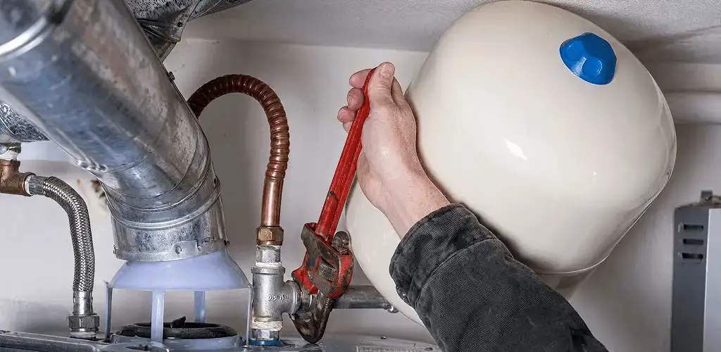 Water heater repair technician tightening plumbing connections near a tank unit in Fort Worth, TX